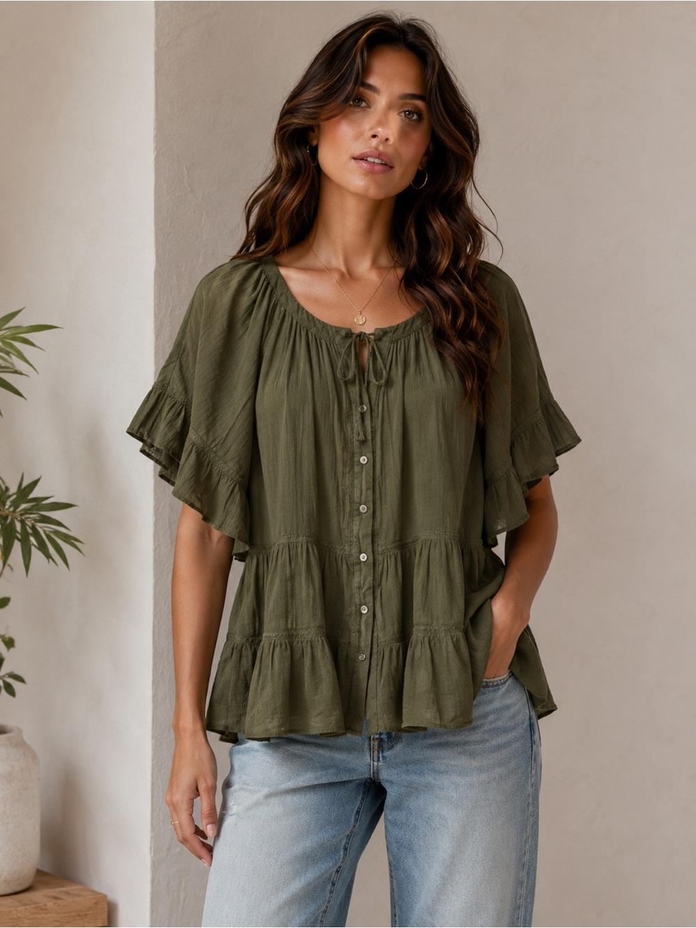 J.Jill Green Boho Peasant Blouse Small Flutter Sleeve Tie Neck Flowy Top small